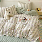 Cute Cartoon Embroidery Stripe Bedding Set Washed Cotton Soft Four Piece Sets Pillowcase Duvet Cover Set 200x230cm Home Textiles