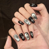 10pcs Short Coffin Fake Nails Gray Cat's Eye Handmade Press On Nails Glitter Stars Diamond Decor Ballerina Black Punk False Nail