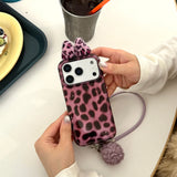 Cute 3D Leopard Bow Case with Hairball Bell Pendant Leather Chain for iPhone 17 16 15 14 Pro Max Shockproof Protective Cover