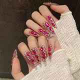 10pcs Full Diamond Handmade Press On Nails Long Stiletto False Nails With Flash Pitaya Color Rhinestone Decor Luxury Almond Nail