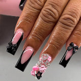 24pcs Glossy French Bowknot Heart Star Design Press on Nails Long Coffin False Nails with Daimonds Black Wearable Stick on Nails