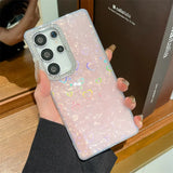 Luxury Glitter Rhinestone Camera Border Laser Love Heart Shell Pattern Phone Case For Samsung Galaxy S25 S24 FE Ultra Plus Cover