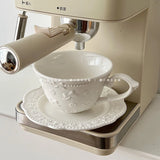French Relief Coffee Cup Dish Set Exquisite Household Ceramic Drinking Cups With Handle White Round Plates 2Pcs Drinkware Suit