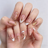 10pcs XS-S-M Size Luxury French Almond Press On Nails Metallic Gold Star Heart Wave Lines False Nails Reusable Acrylic Nail Tips