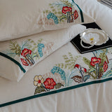 Vintage Cotton Linen Blend Bedding Set Tropical Jungle Floral Embroidery Duvet Cover Set Bed Sheet/Fitted Sheet Pillowcases 4Pcs