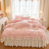 Rose Embroidery Lace Ruffles Princess Wedding Bedding Set 100% Cotton Duvet Cover Lace Edge Bed Sheet Bed Skirt Pillowcases 4Pcs