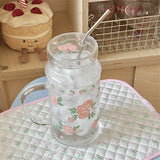 French Style Glass Suction Tube Cup Elegant Pink Rose Large Capacity Juice Drink Cup Girl Outdoor Office Cold Summer Drinks Cup