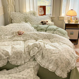 Princess Style Lace Ruffles 100% Cotton Bedding Set Floral Pastoral Style Duvet Cover Flat/Fitted Bed Sheet Pillowcases 3/4Pcs