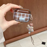 Ins Fashion Brown Grid Case For AirPods 4 ANC Pro 2 Earphone Protecitve Cover For AirPods 1 2 3 4th Soft Case with Star Keychain
