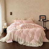Carved Velvet Double Layer Lace Ruffles Bow Princess Bedding Set Winter Warm Duvet Cover Flat Bed Sheet Pillowcases 4Pcs