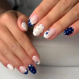 24Pcs Blue Almond False Nails Yellow French Press On Nails Five-pointed Star/Polka Dot Printed Y2K Girls Finished Fake Nails