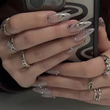 Almond Press on Fake Nails 3D Ripple Star False Nails Blue Smudge Detachable Full Cover Nails Tips 3D Shell Pearl Acrylic Nail