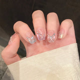 10pcs Colorful Plaid Press on Nails Shiny Cat Eye False Nails Silver Star Nail Cute Sweet Short Square Press on Nails for Girl