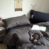 Simple Striped Bedding Set Washable Cotton Dark Gray Quilt Cover With Pillowcases Bed Sheet Set Skin-Friendly Soft Single Twin