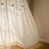 French Embroidered Bird Linen Curtain For Living Room, Privacy Sheer Curtain For Bedroom, Machine Washable，Easy Install Curtain