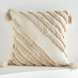 18x18in Boho Throw Pillow Covers Woven Tufted with Tassels Textured Striped Farmhouse Cushion Case for Sofa Living Bed Decor