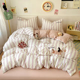 Cute Cartoon Embroidery Stripe Bedding Set Washed Cotton Soft Four Piece Sets Pillowcase Duvet Cover Set 200x230cm Home Textiles