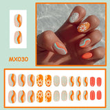 Short Oval Press on Nails Summer Fake Nails Orange Nails Press ons with Wave Flower Design Acrylic Artificial Glue on Nails