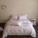 Vintage Rose Jacquard Lyocell Soft Silky Cooling Hollow Lace Edge Bedding Set Duvet Cover Flat/Fitted Bed Sheet Pillowcases 4Pcs