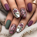 Flower Press on Nails Short Square Fake Nails with Pink Checkered Stick on Nail Cute Acrylic False Nail Spring Summer Nails