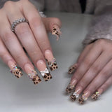 Mid-length Square False Nails French Leopard Print Long Ballet Fake Nail Full Cover Press on Nails Pearl Design Acrylic Nail Tip
