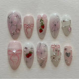 24Pcs/Box Shiny Cute False Nails French Almond Nails Simple Heart Design Sweet Press on Nails Full Cover Wearable Manicure Art