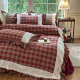 Vintage Lace Ruffles Plaid Print Princess Bedding Set 100% Cotton Double Yarn Duvet Cover Flat/Fitted Bed Sheet Pillowcases 4Pcs