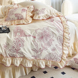 1000TC Egyptian Cotton Flowers Plant Leopard Embroidery Ruffles Bedding Set Duvet Cover Set Flat/Fitted Sheet Pillowcases 4Pcs