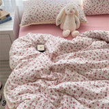 INS Girls Cherry Soft Bedding Set Washed Cotton Bed Sheet Queen King Size Duvet Set Flower Comforter Set Pillowcase Bed Linens