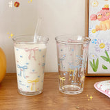 Kawaii Bowknot Glass Coffee Cups With Straw Aesthetic Cute Tumbler 380ml korean Cups For Ice Hot Juice Beer Milk Tea Glasses Cup