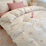 Floral Printed Duvet Cover with Pillowcase Bedding Set Washed Cotton Skin-friendly Four Pieces Set Duvet Cover Set with Sheet