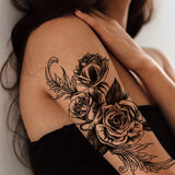 1pc Rose Floral Temporary Tattoo, Waist Fake Tattoo Sticker, Black Flower Waterproof Tattoo Decal For Men & Women