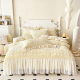 3Pcs Pink Skin-friendly Soft Three-dimensional Flowers Embroidery Lace Ruffles Princess Bedding Set Duvet Cover With Pillowcases