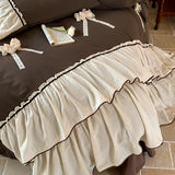 Vintage Double Layer Bow Princess Bedding Set 20% Linen And 80% Cotton Duvet Cover Set Flat/Fitted Bed Sheet Pillowcases 4Pcs