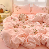 3/4Pcs Washed Cotton Skin-friendly Soft Princess Rose Towel Embroidery Flowers Bedding Set Soft Duvet Cover Bed Sheet Pillowcase