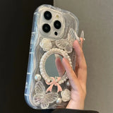 Shiny 3D Butterfly Flower Pearl Case For iPhone 14 13 12 11 15 16 Pro Max Luxury Bow Diamond Makeup Mirror Back Cover