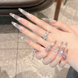 Handmade Press On Nails Pink Crystal Cat's Eye Long Artificial Nails 10pcs Glitter Diamond French False Nails Almond Wearable
