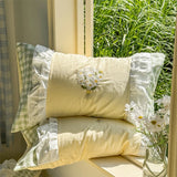 Korean Princess Style Double Layer Lace Flower Embroidery 100% Cotton Bedding Set Plaid Style Duvet Covers Bed Sheet Pillowcases