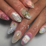24Pcs Pink Almond False Nails Sweet Summer Fake Nail Cute Flowers Pearl Nails Press Ons Colorful Monet Press on Nails for Girls