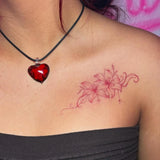 Floral Temporary Tattoo Sticker with Stars, Pink Flower Elegant Body Art for Women, Waterproof Fake Tattoo