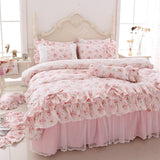 Korean style fresh garden flower bedding set dream princess cotton lace bedskirt ruffles pillowcase duvet cover set HM03A