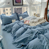 Korean Girl Princess Style Solid Color Bedding Fitted Set Cute Cotton Ruffle Duvet Cover With Pillow Case Full Queen Bed Sheets