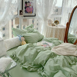 Korean Girl Princess Style Solid Color Bedding Fitted Set Cute Cotton Ruffle Duvet Cover With Pillow Case Full Queen Bed Sheets