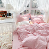 Korean Girl Princess Style Solid Color Bedding Fitted Set Cute Cotton Ruffle Duvet Cover With Pillow Case Full Queen Bed Sheets