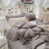 Korean Girl Princess Style Solid Color Bedding Fitted Set Cute Cotton Ruffle Duvet Cover With Pillow Case Full Queen Bed Sheets
