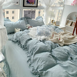 Korean Girl Princess Style Solid Color Bedding Fitted Set Cute Cotton Ruffle Duvet Cover With Pillow Case Full Queen Bed Sheets
