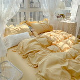 Korean Girl Princess Style Solid Color Bedding Fitted Set Cute Cotton Ruffle Duvet Cover With Pillow Case Full Queen Bed Sheets
