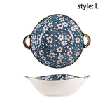 7.5inch Retro Ceramic Salad Bowl With Handle Kitchen Soup Noodle Bowl Microwave Oven Bakware Pan Pasta Fruit Plate Tableware