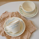 Korean Niche Chic Retro French Alphabet Cream Yellow Green Ceramic Coffee Cup and Saucer Eight-inch Dessert Plate