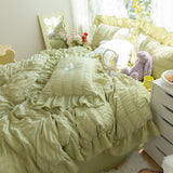 Seersucker Princess Girl Kawaii Bedding Set Lovely Ruffles Home Woman Duvet Cover Set Luxury Solid Color Pleated Bedding Sets